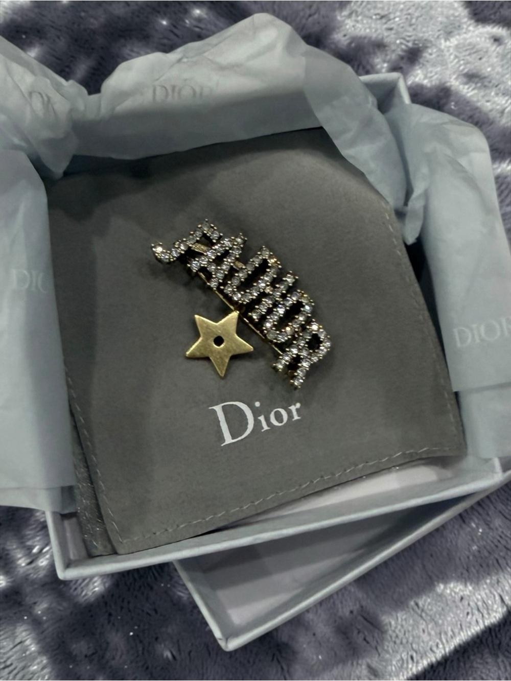 Dior Crystal Logo Pin with Gold Star Accent